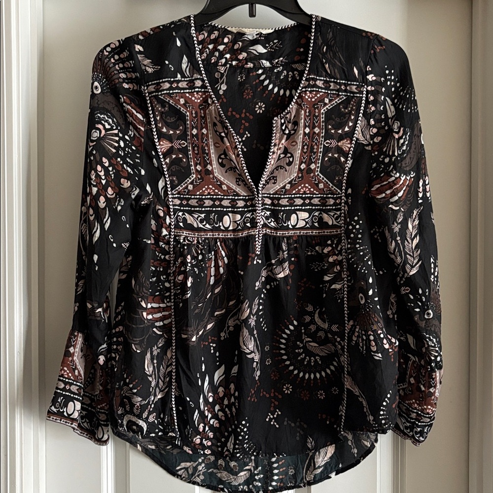 Odd Molly Black Floral Paisley Blouse with Brown and Cream Details